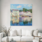 Impressionistische Uferlandschaft Mit Haeusern Grünen Läden Und Wasserspiegelung