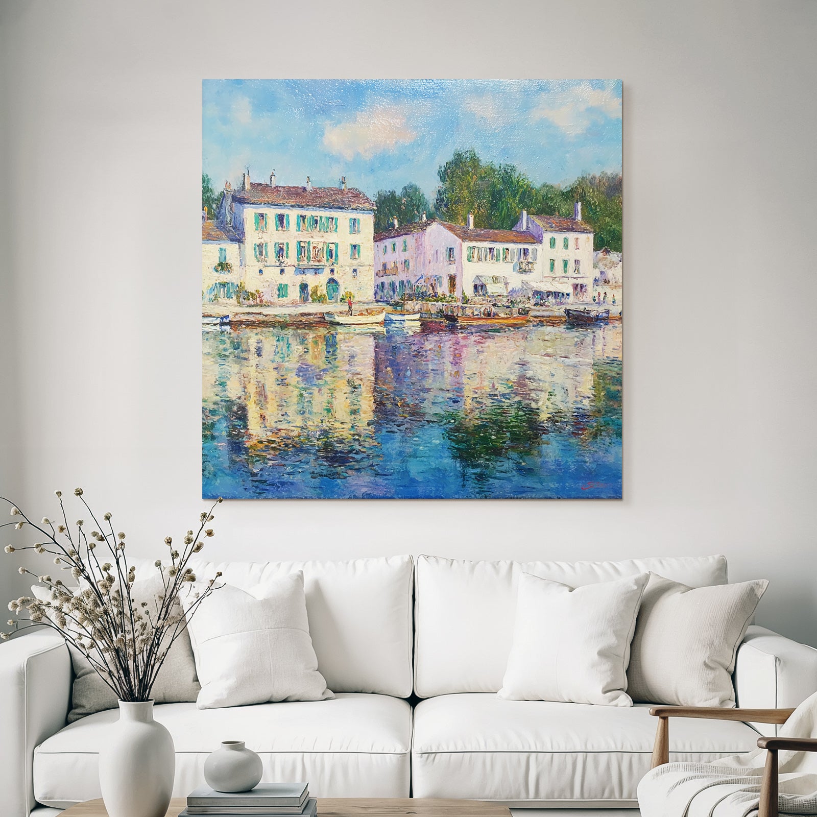 Impressionistische Uferlandschaft Mit Haeusern Grünen Läden Und Wasserspiegelung