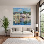 Impressionistische Uferlandschaft Mit Haeusern Grünen Läden Und Wasserspiegelung