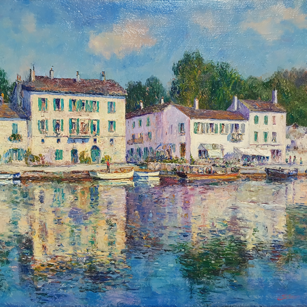 Impressionistische Uferlandschaft Mit Haeusern Grünen Läden Und Wasserspiegelung | Jugendstil | Stilrichtungen