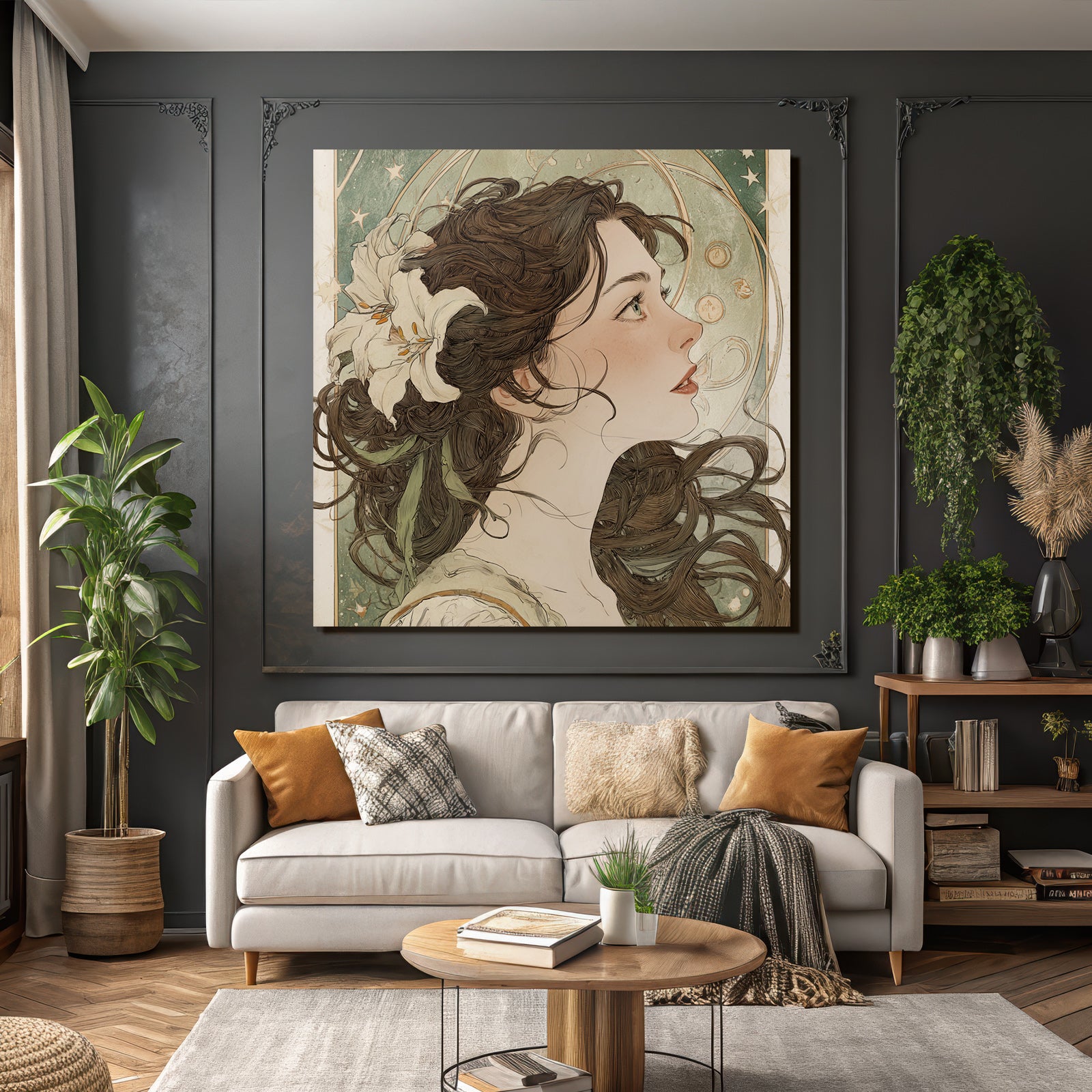 Junge Frau Mit Weisser Blume Und Sternenhintergrund