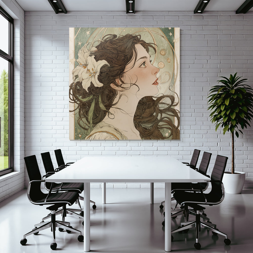 Junge Frau Mit Weisser Blume Und Sternenhintergrund