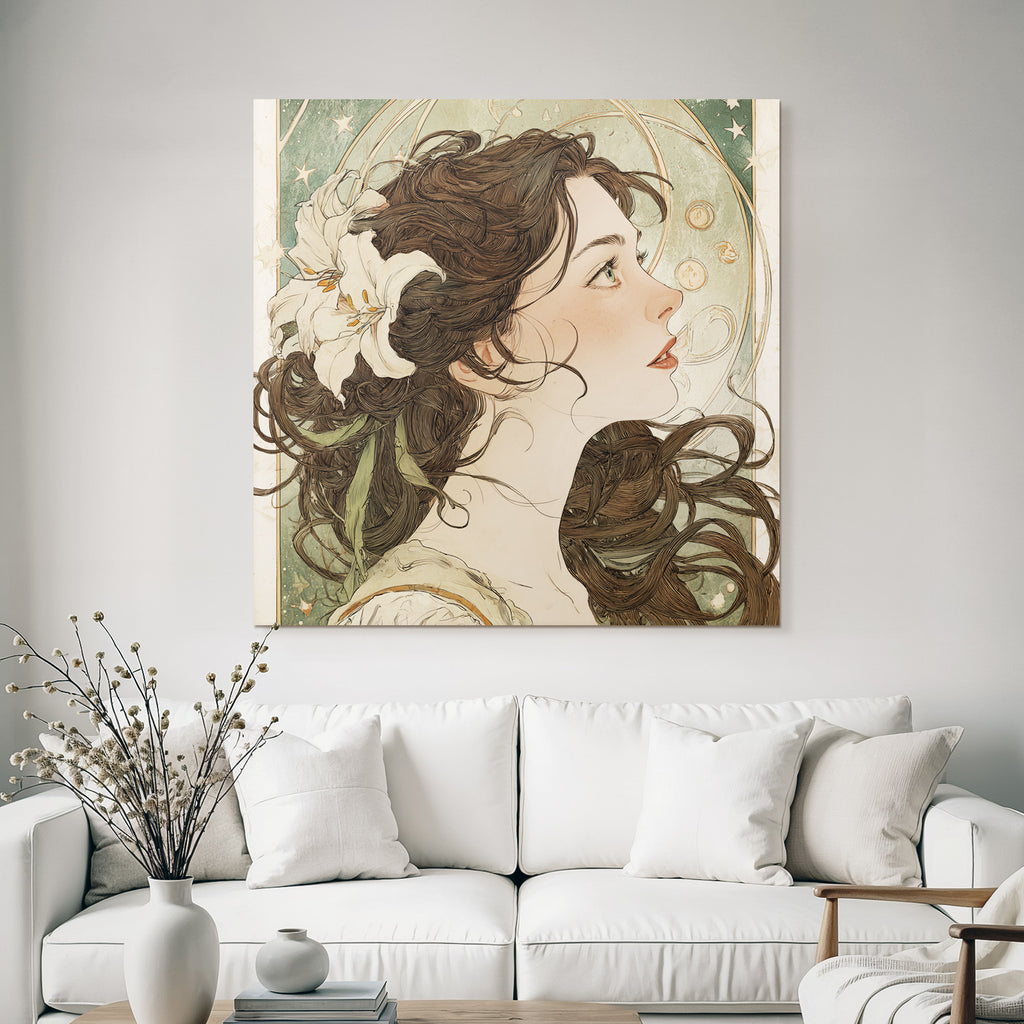 Junge Frau Mit Weisser Blume Und Sternenhintergrund