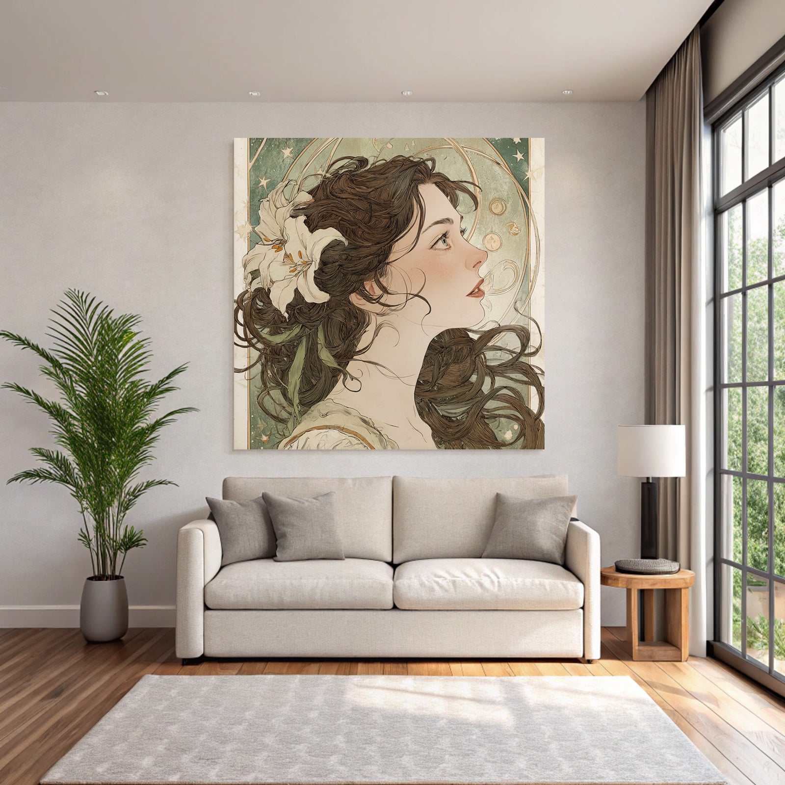 Junge Frau Mit Weisser Blume Und Sternenhintergrund