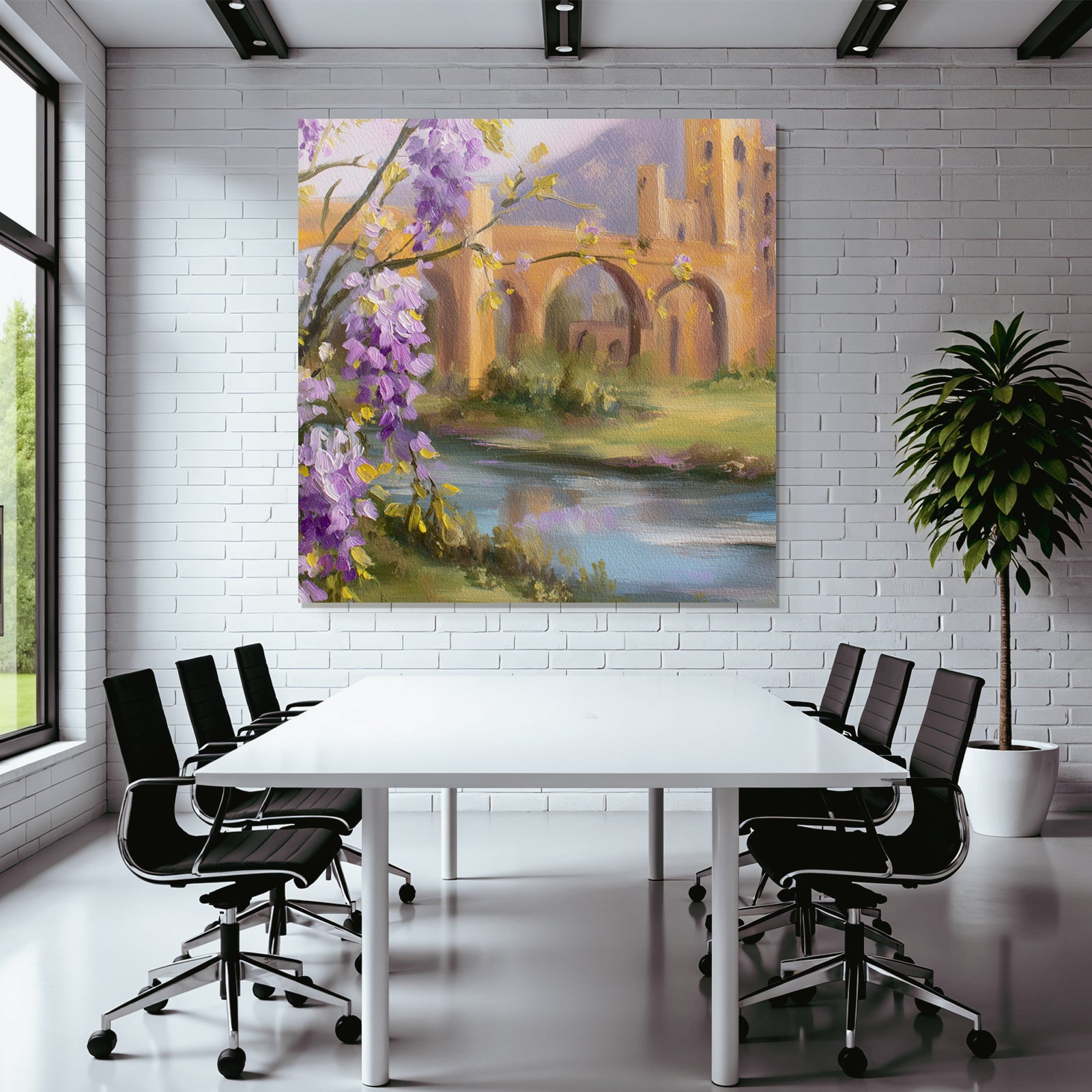 Landschaftsgemälde Mit Blumen Wasser Und Architektur