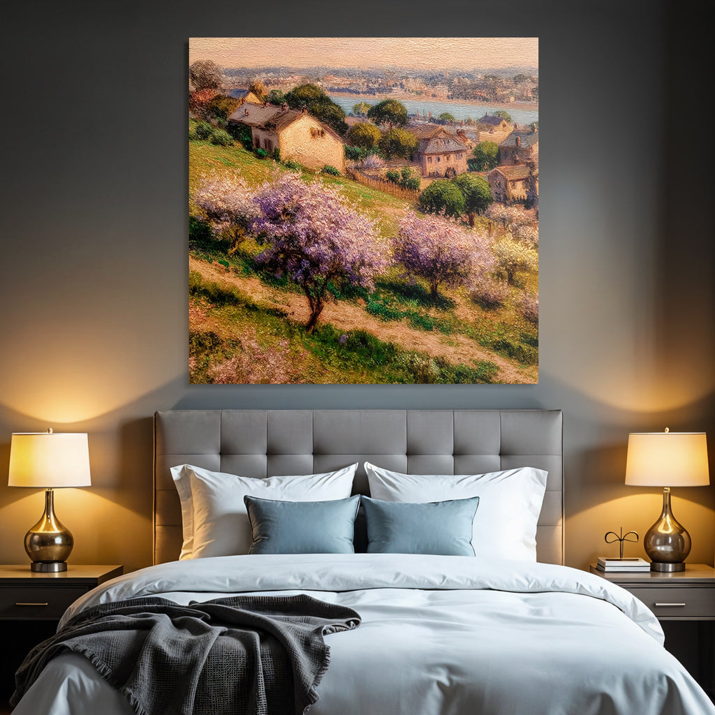 Pastorale Frühlingslandschaft Mit Blühenden Baeumen Und Fluss