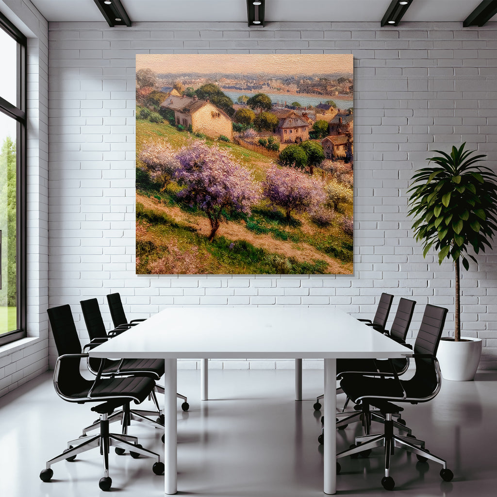 Pastorale Frühlingslandschaft Mit Blühenden Baeumen Und Fluss