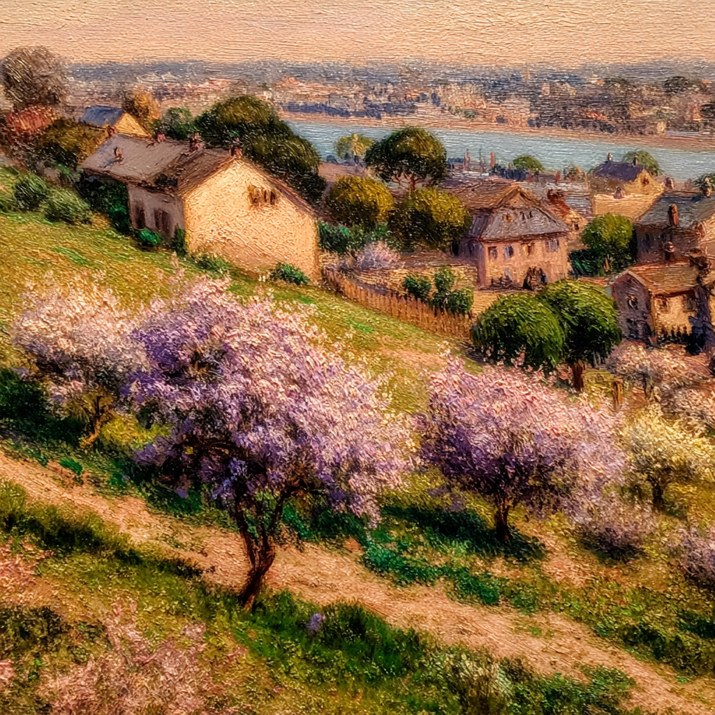 Pastorale Frühlingslandschaft Mit Blühenden Baeumen Und Fluss | Jugendstil | Stilrichtungen