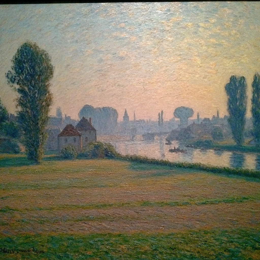 Ruhige Landschaft Mit Fluss Baeumen Und Fernen Gebaeuden Bei Morgendämmerung | Jugendstil | Stilrichtungen