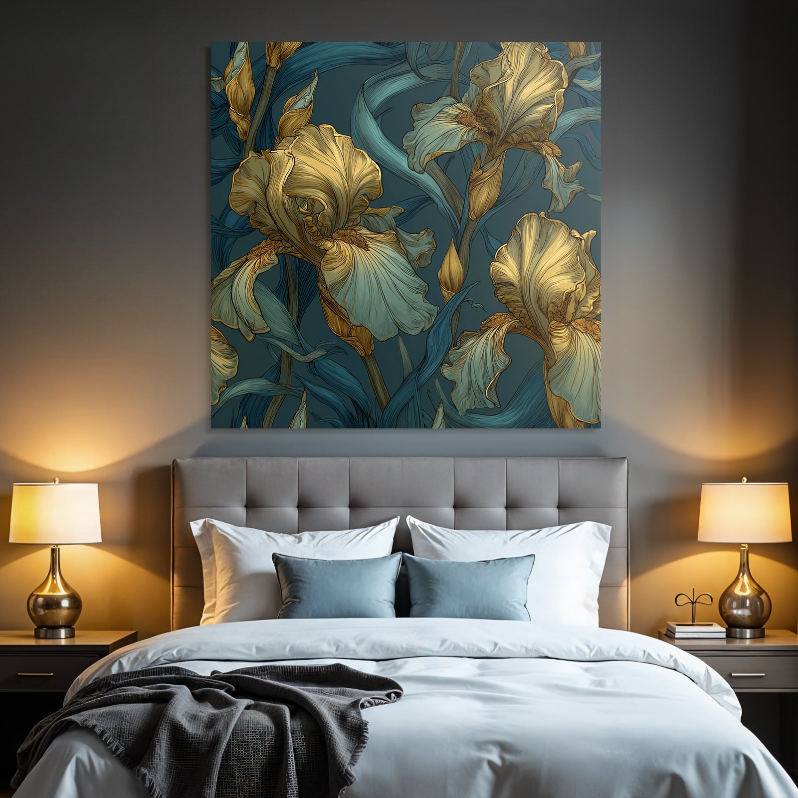 Stilisierte Irisblumen In Gold Und Türkis Auf Dunklem Hintergrund