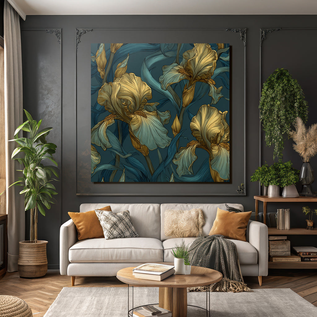 Stilisierte Irisblumen In Gold Und Türkis Auf Dunklem Hintergrund