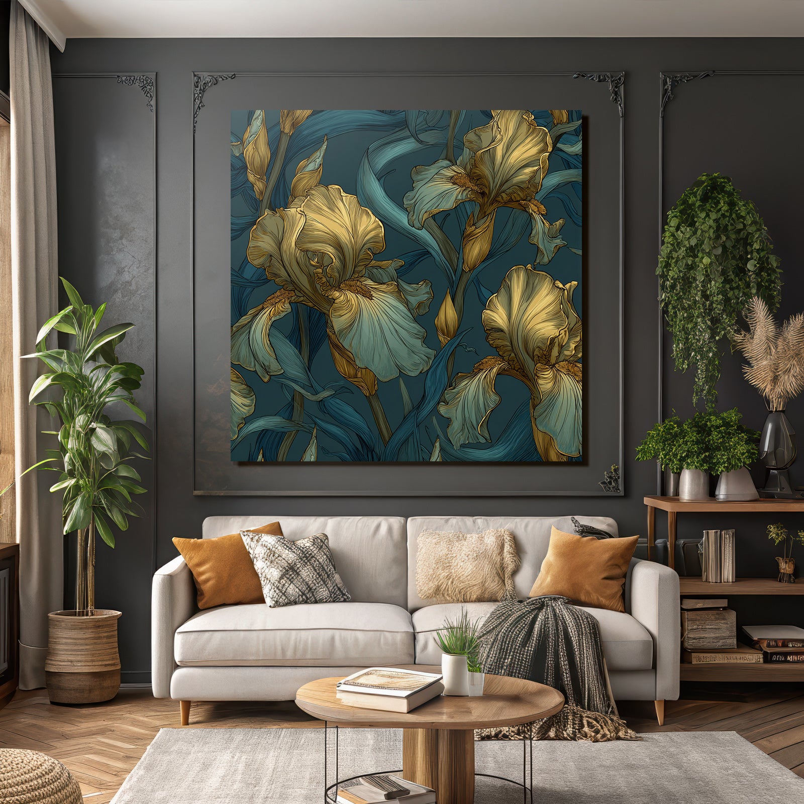 Stilisierte Irisblumen In Gold Und Türkis Auf Dunklem Hintergrund