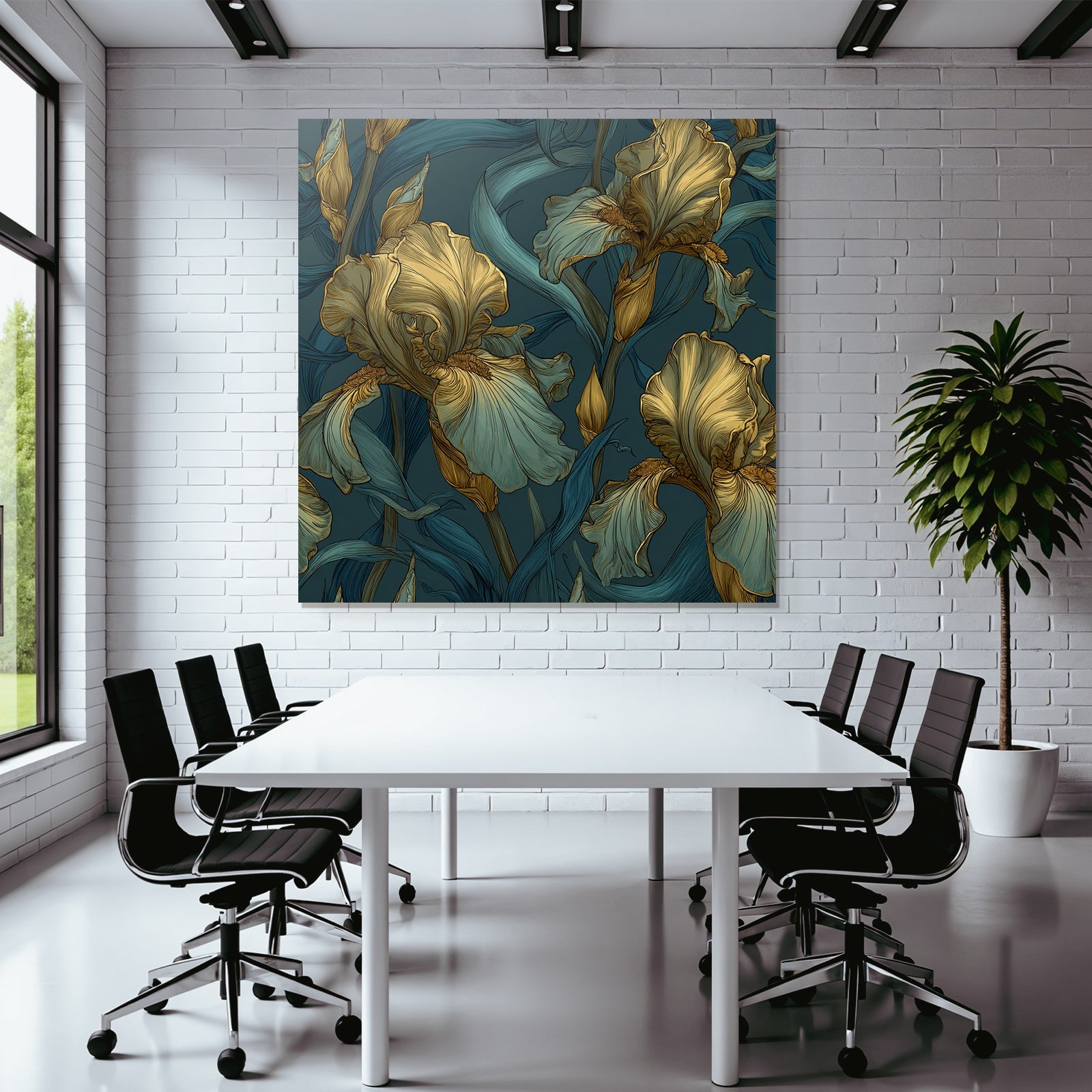 Stilisierte Irisblumen In Gold Und Türkis Auf Dunklem Hintergrund