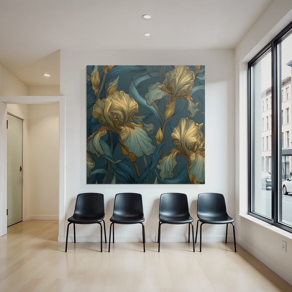 Stilisierte Irisblumen In Gold Und Türkis Auf Dunklem Hintergrund