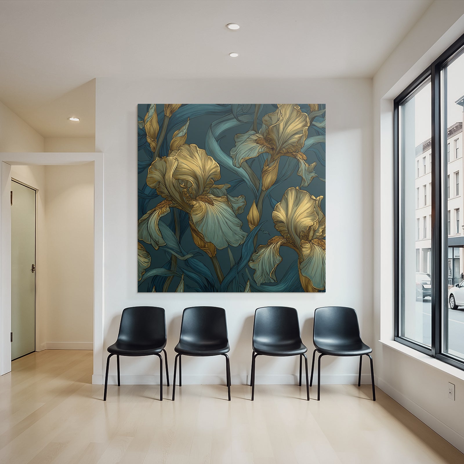 Stilisierte Irisblumen In Gold Und Türkis Auf Dunklem Hintergrund