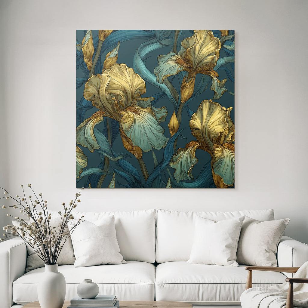 Stilisierte Irisblumen In Gold Und Türkis Auf Dunklem Hintergrund