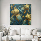 Stilisierte Irisblumen In Gold Und Türkis Auf Dunklem Hintergrund
