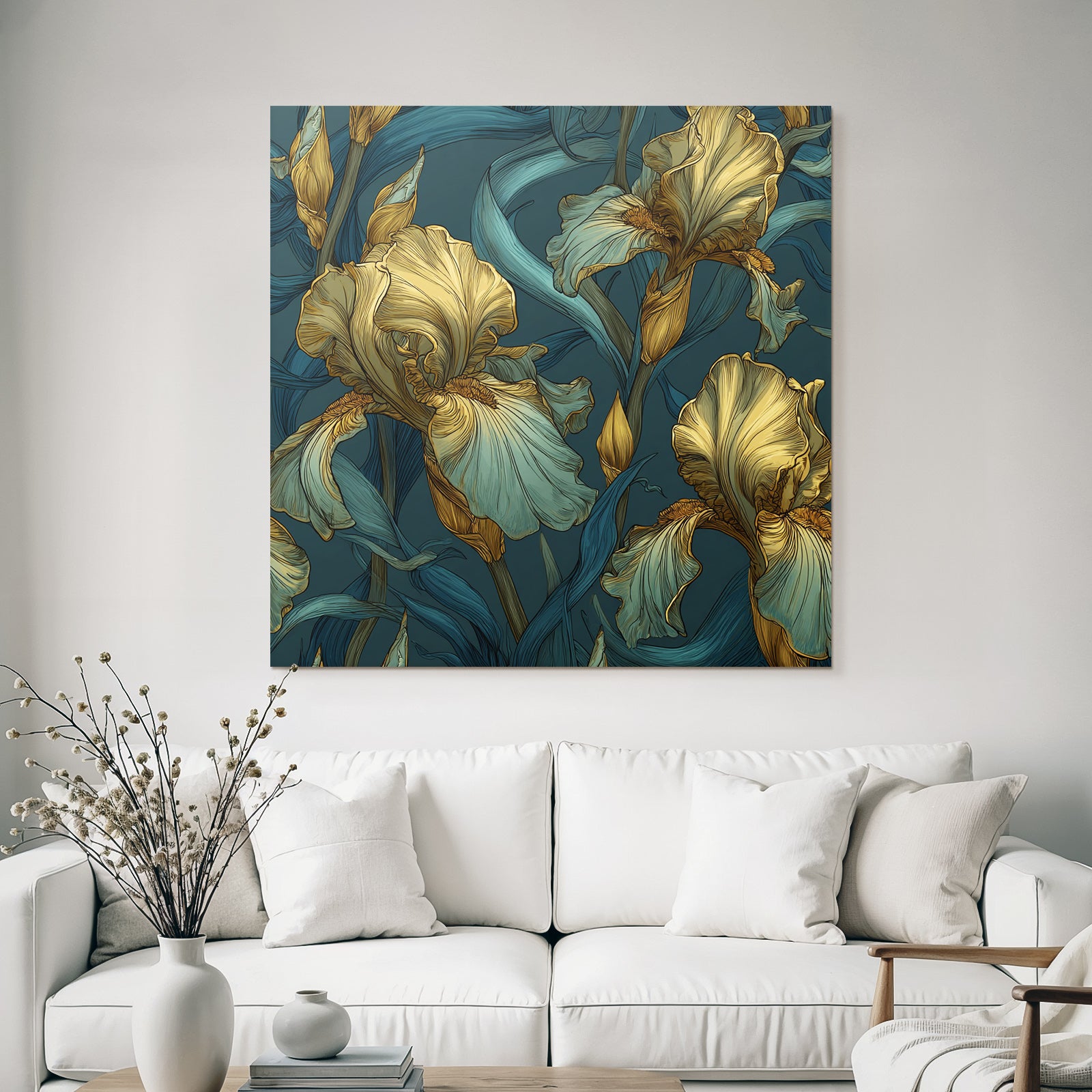 Stilisierte Irisblumen In Gold Und Türkis Auf Dunklem Hintergrund