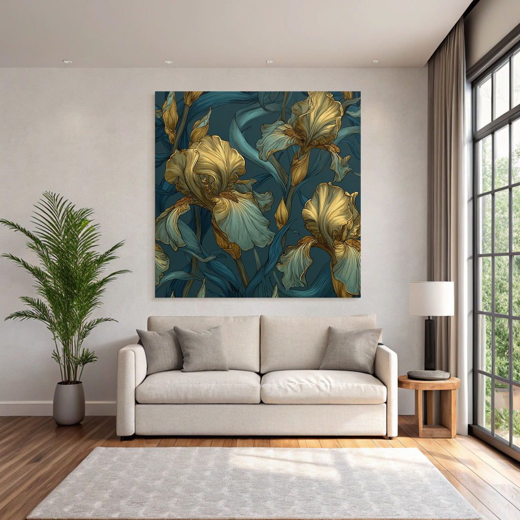 Stilisierte Irisblumen In Gold Und Türkis Auf Dunklem Hintergrund