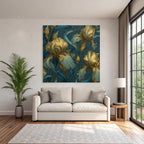 Stilisierte Irisblumen In Gold Und Türkis Auf Dunklem Hintergrund
