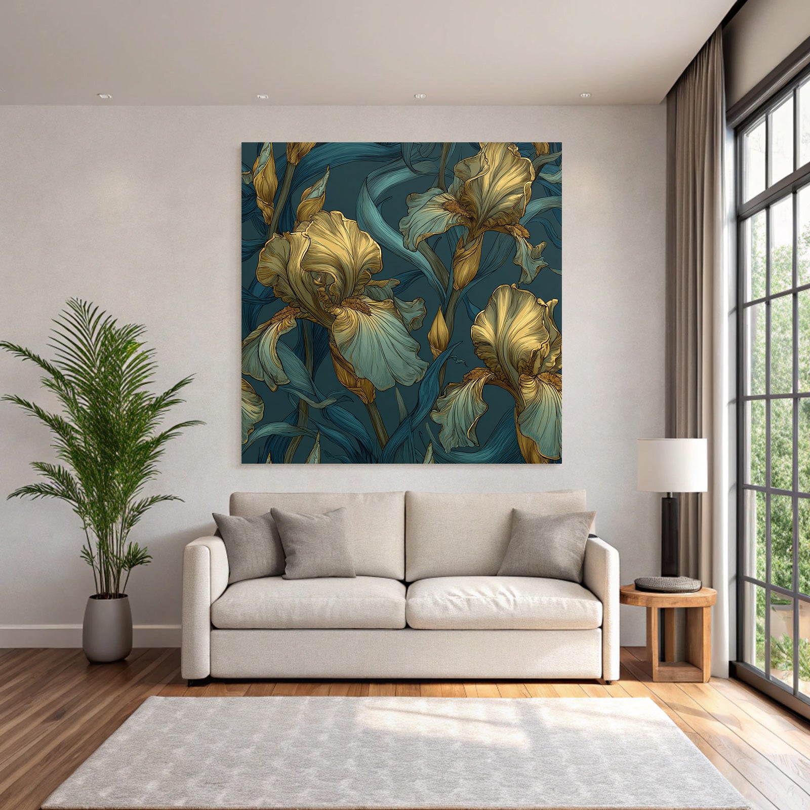 Stilisierte Irisblumen In Gold Und Türkis Auf Dunklem Hintergrund