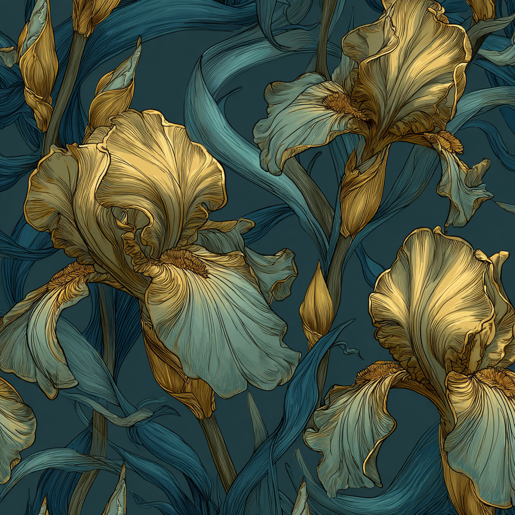 Stilisierte Irisblumen In Gold Und Türkis Auf Dunklem Hintergrund | Jugendstil | Stilrichtungen