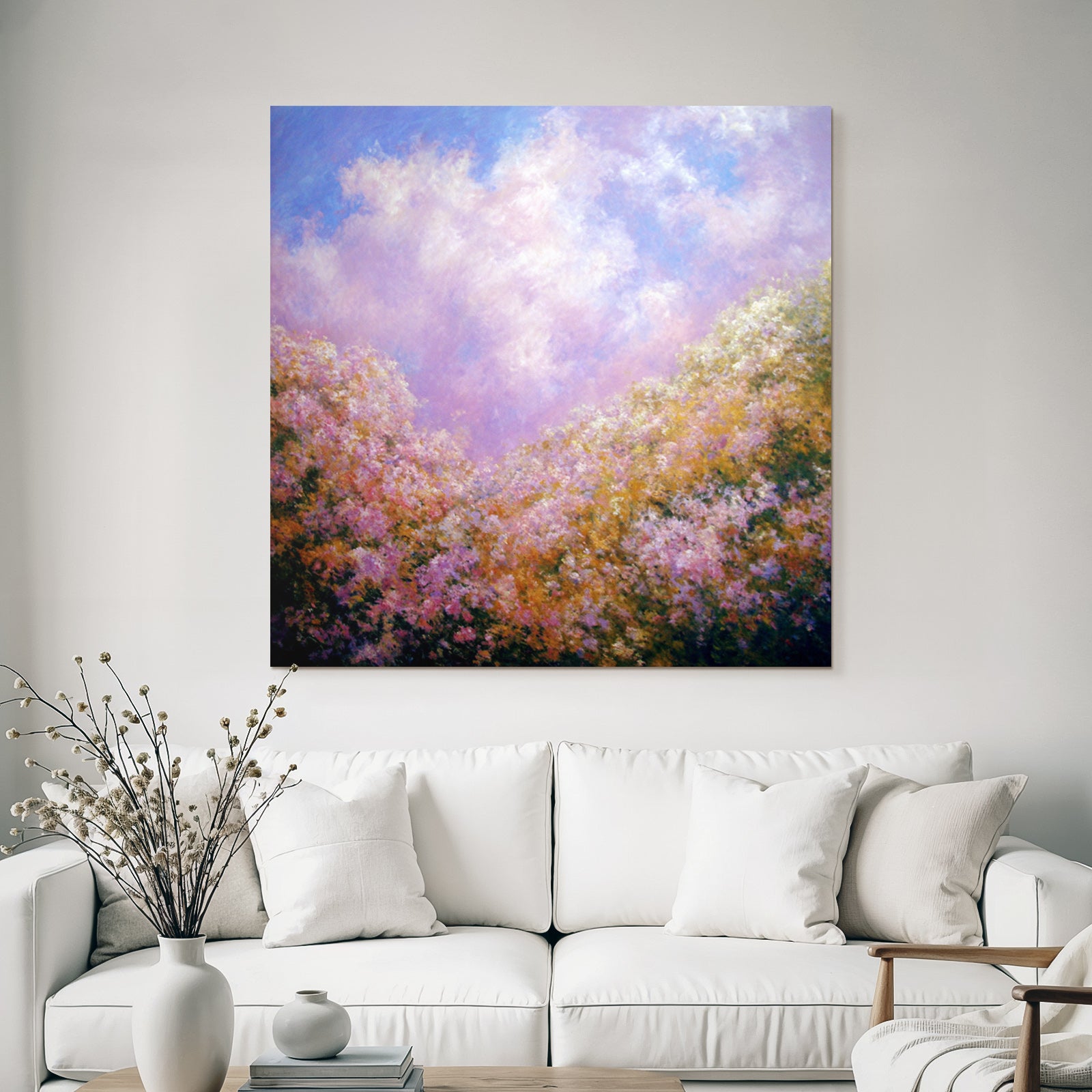 Traumhafte Blumenwiese Unter Pastellfarbenem Wolkenhimmel