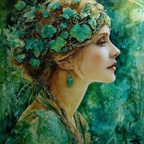 Wasserfarbenbild Einer Frau Im Profil Mit Grüner Blätterkrone Und Juwelen | Jugendstil | Stilrichtungen