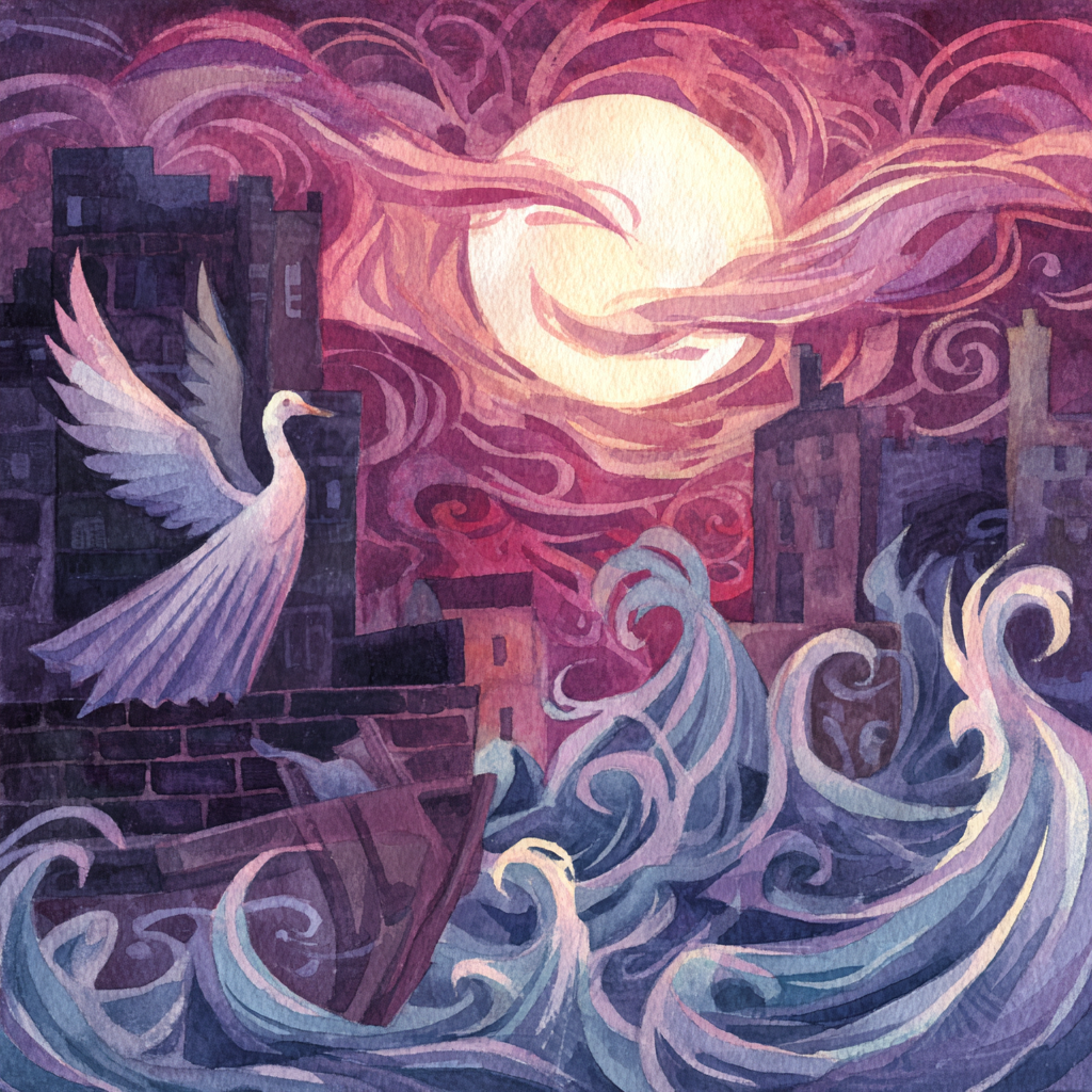 Weisser Schwan Über Tosenden Wellen Vor Fantastischer Stadt Silhoütte Unter Mond | Jugendstil | Stilrichtungen