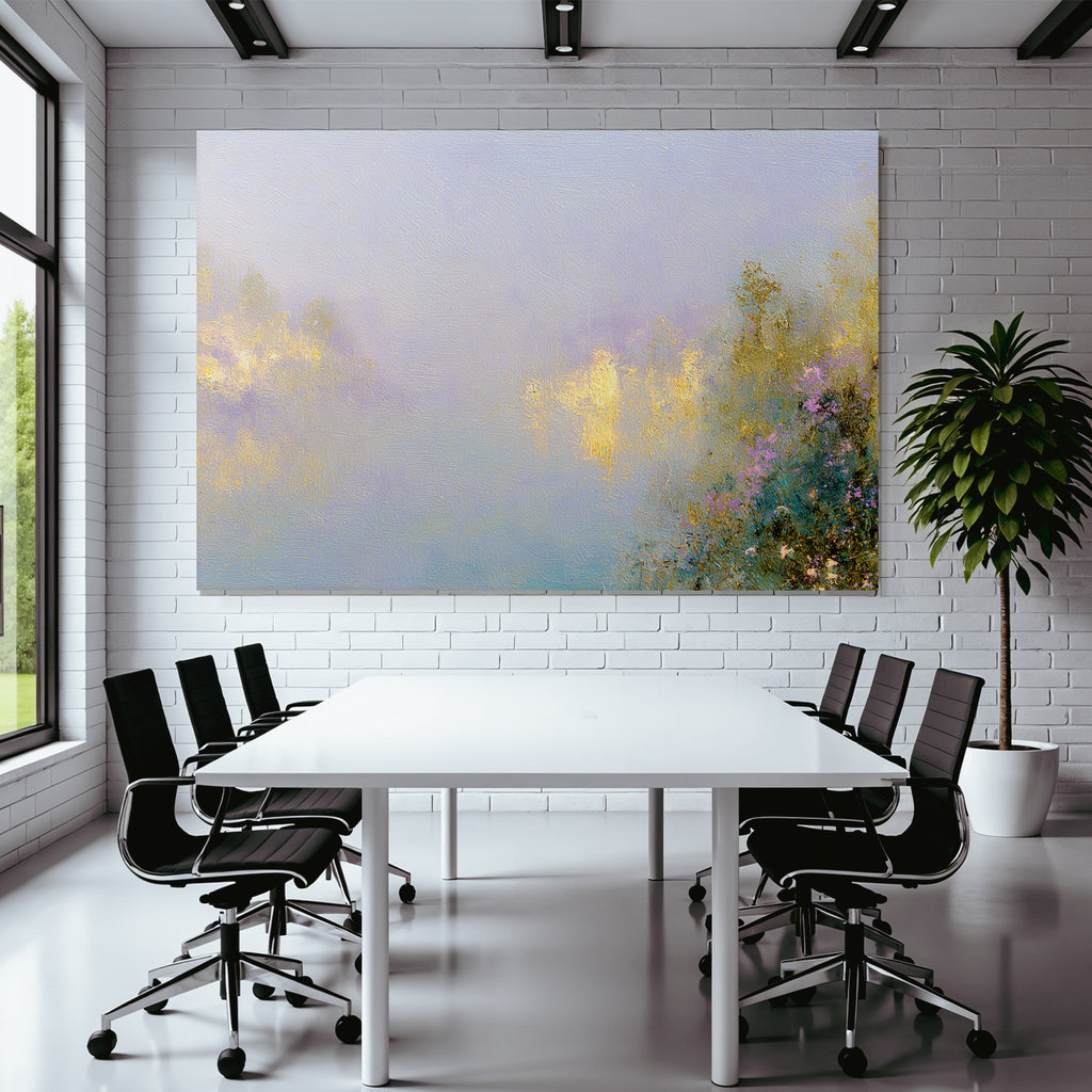 Abstrakte Impressionistische Landschaft Mit Wasser Und Vegetation In Blau Violett Und Gelbtönen
