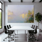 Abstrakte Impressionistische Landschaft Mit Wasser Und Vegetation In Blau Violett Und Gelbtönen