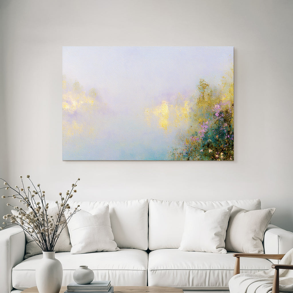Abstrakte Impressionistische Landschaft Mit Wasser Und Vegetation In Blau Violett Und Gelbtönen