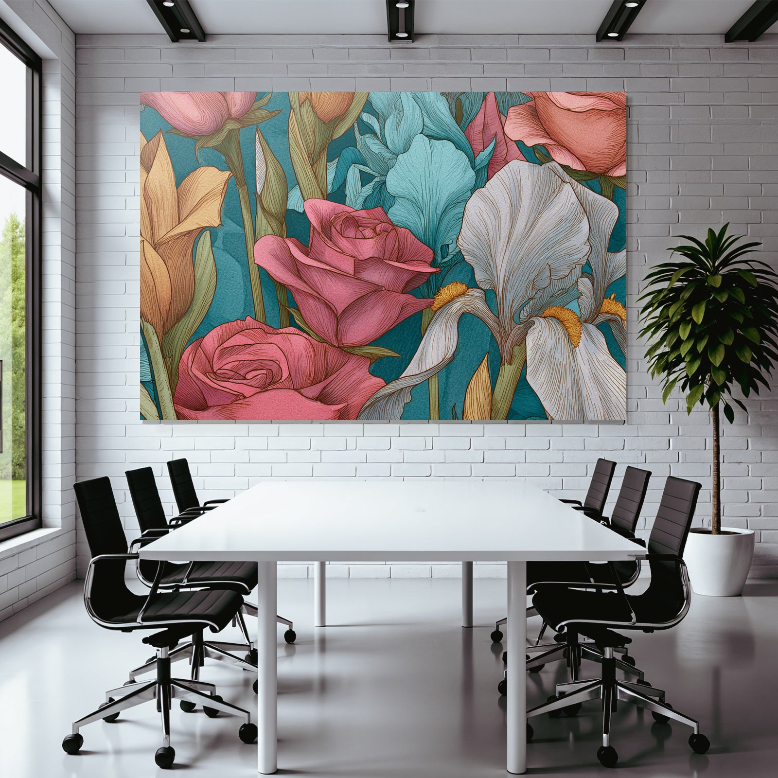 Detaillierte Künstlerische Blumenillustration Mit Rosen Und Iris Vibranten Farben