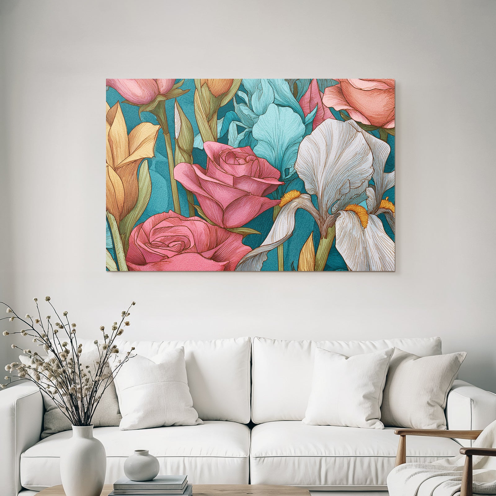 Detaillierte Künstlerische Blumenillustration Mit Rosen Und Iris Vibranten Farben