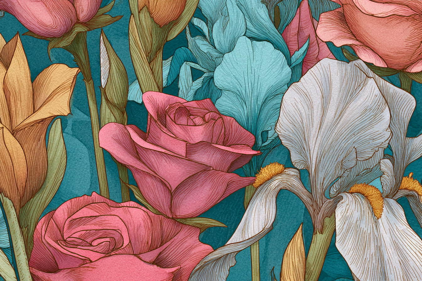Detaillierte Künstlerische Blumenillustration Mit Rosen Und Iris Vibranten Farben | Jugendstil | Stilrichtungen
