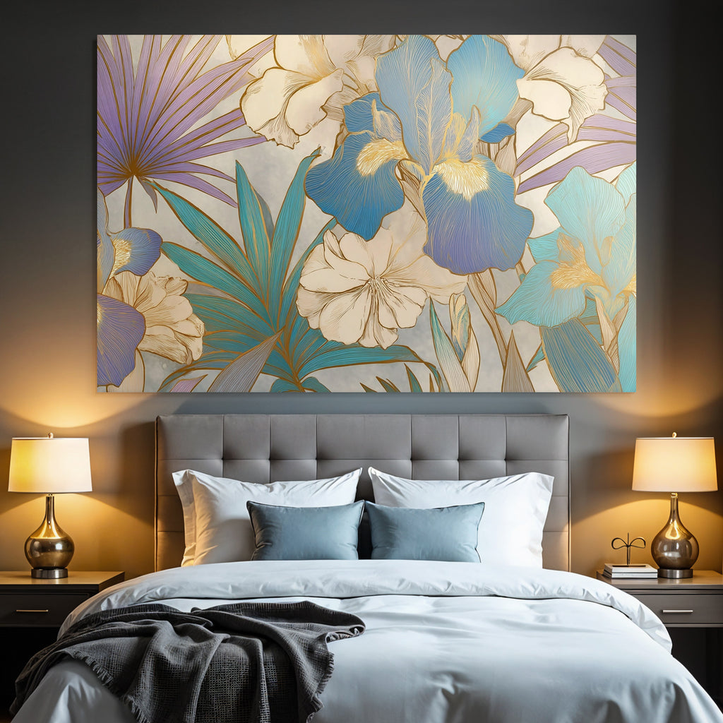 Florales Blumenmuster In Blau Lila Und Creme Mit Goldumrandung