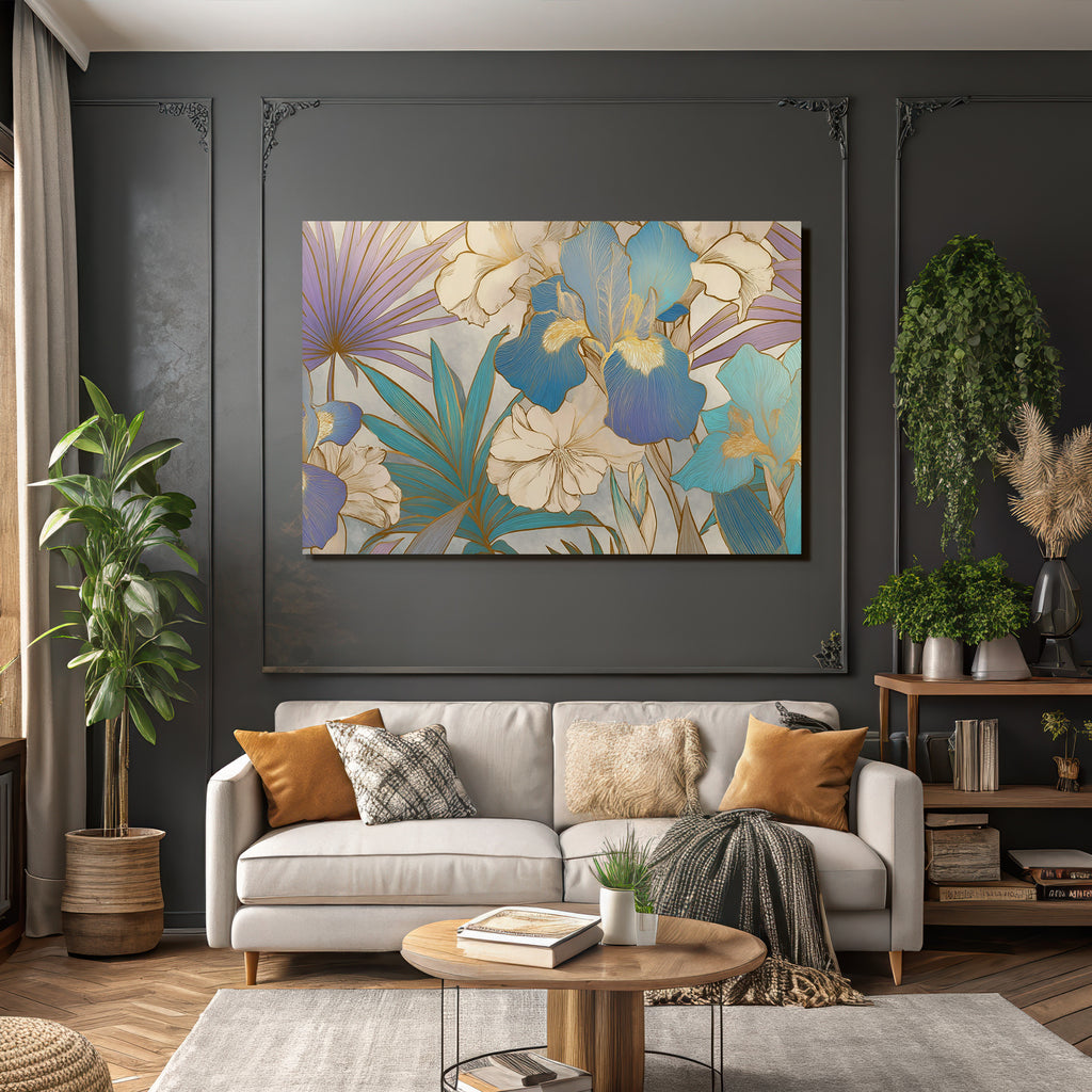 Florales Blumenmuster In Blau Lila Und Creme Mit Goldumrandung