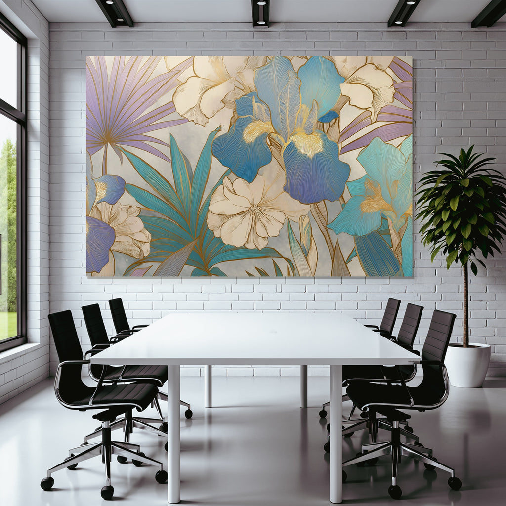 Florales Blumenmuster In Blau Lila Und Creme Mit Goldumrandung