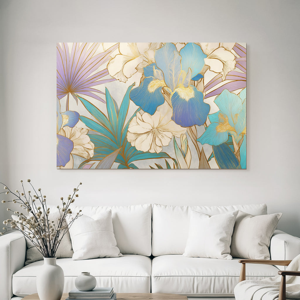 Florales Blumenmuster In Blau Lila Und Creme Mit Goldumrandung