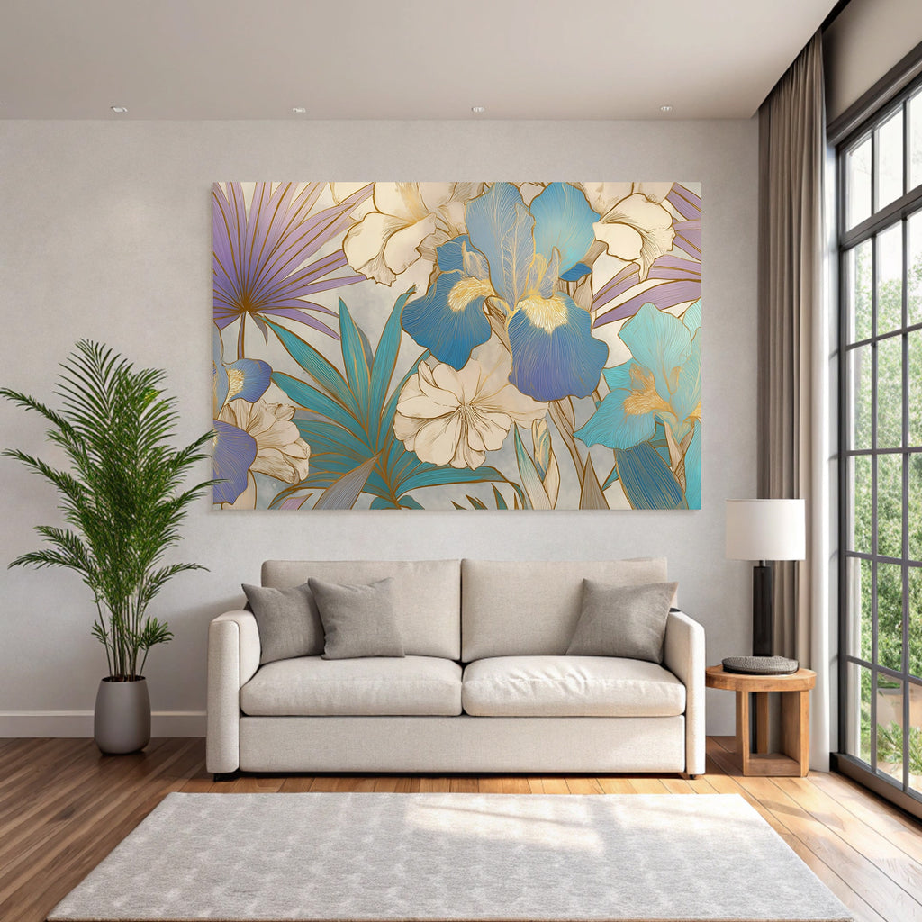 Florales Blumenmuster In Blau Lila Und Creme Mit Goldumrandung