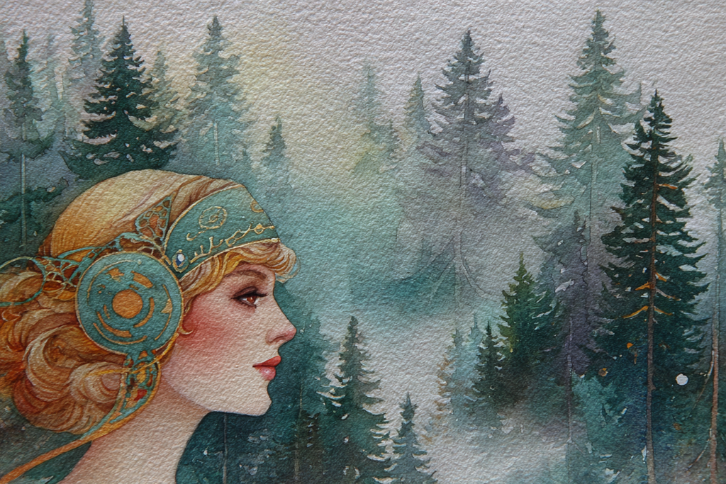 Frau Im Portrait Mit Dekorativem Kopfschmuck Vor Nebligen Tannen | Jugendstil | Stilrichtungen