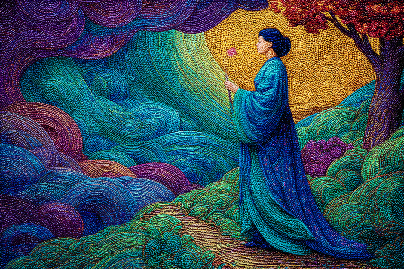 Frau In Fliessendem Kleid In Bunter Landschaft | Jugendstil | Stilrichtungen