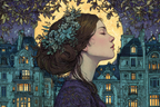 Frau Mit Blumen Im Haar Vor Stadt Bei Mondnacht | Jugendstil | Stilrichtungen