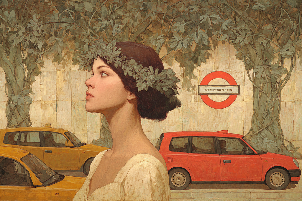 Frau Mit Blumenkranz Vor Londoner Underground Schild In Urbaner Landschaftsgemälde | Jugendstil | Stilrichtungen