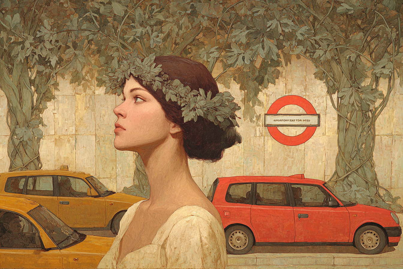Frau Mit Blumenkranz Vor Londoner Underground Schild In Urbaner Landschaftsgemälde | Jugendstil | Stilrichtungen