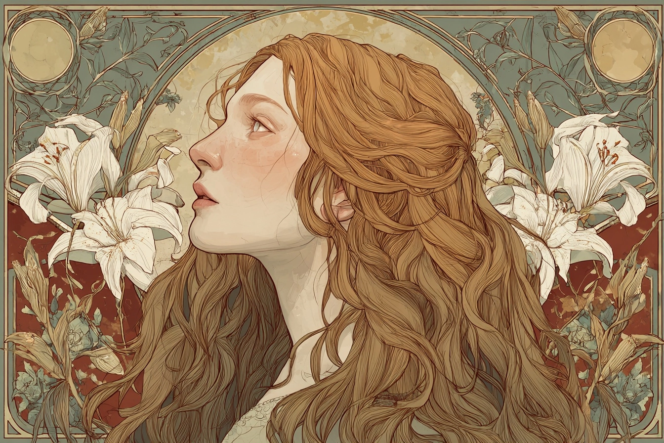 Frau Mit Fliessendem Haar Und Weissen Lilien Im | Jugendstil | Stilrichtungen