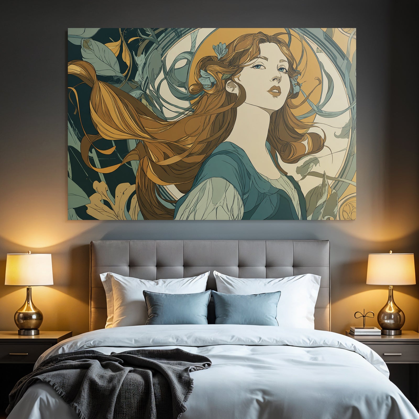 Frau Mit Langem Fliessendem Haar Umgeben Von Botanischen Elementen Im Art Nouveau Stil