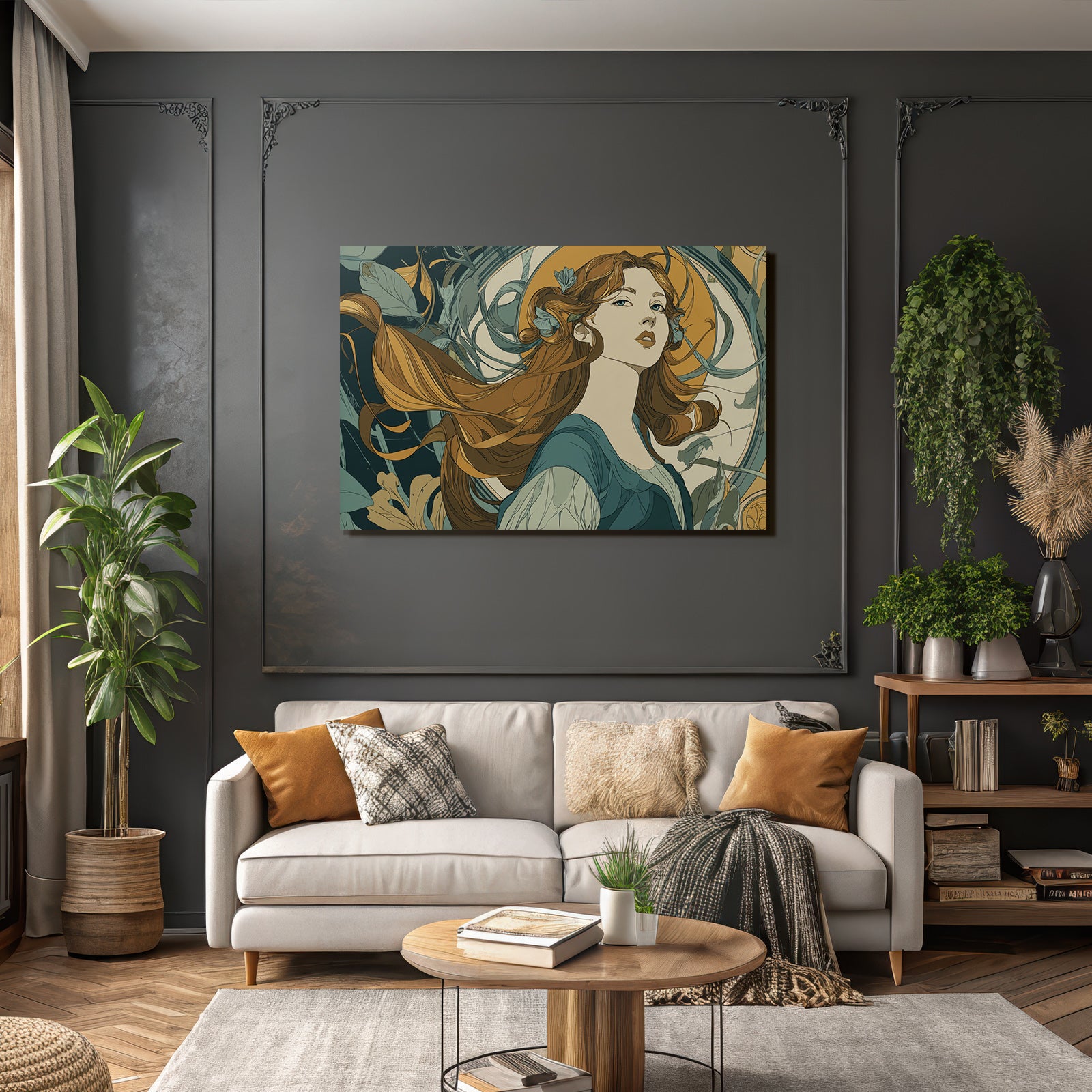 Frau Mit Langem Fliessendem Haar Umgeben Von Botanischen Elementen Im Art Nouveau Stil