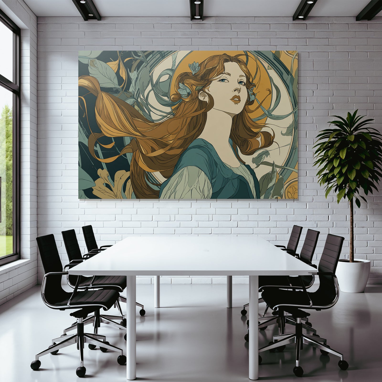 Frau Mit Langem Fliessendem Haar Umgeben Von Botanischen Elementen Im Art Nouveau Stil