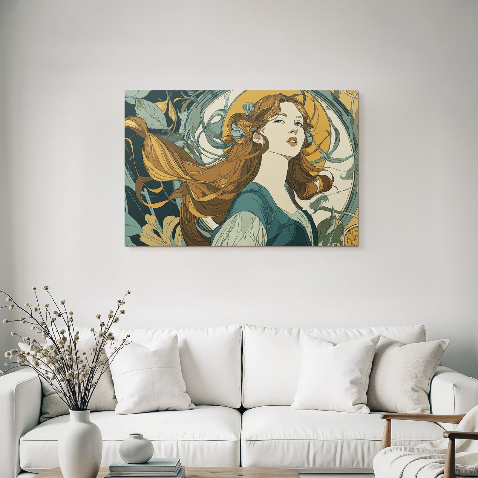 Frau Mit Langem Fliessendem Haar Umgeben Von Botanischen Elementen Im Art Nouveau Stil